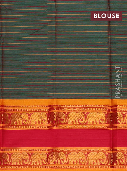 Narayanpet cotton saree manthulir green and red mango yellow with allover stripes pattern and rettapet zari woven border