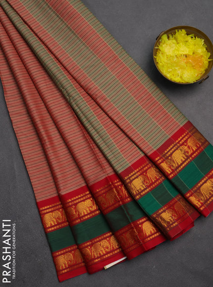Narayanpet cotton saree rust shade and maroon with allover stripes pattern and rettapet zari woven border