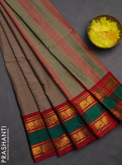 Narayanpet cotton saree brown and maroon with allover stripes pattern and rettapet zari woven border