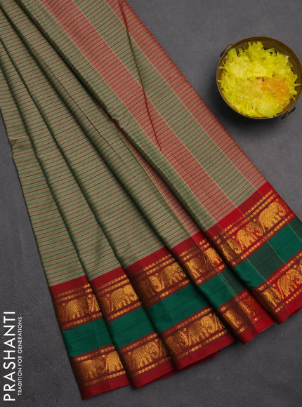 Narayanpet cotton saree pastel green and maroon with allover stripes pattern and rettapet zari woven border