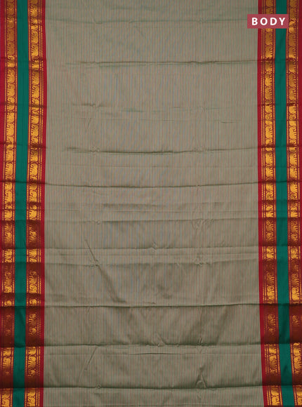 Narayanpet cotton saree pastel green and maroon with allover stripes pattern and rettapet zari woven border