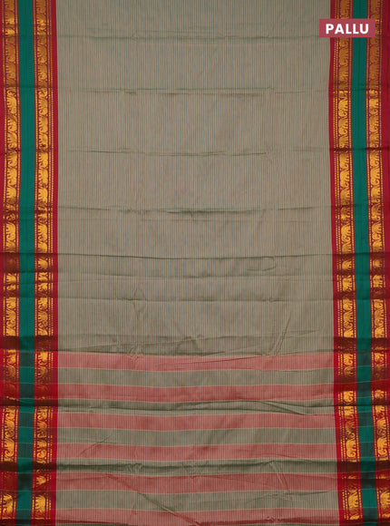 Narayanpet cotton saree pastel green and maroon with allover stripes pattern and rettapet zari woven border