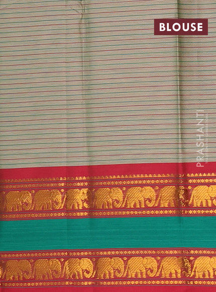 Narayanpet cotton saree pastel green and maroon with allover stripes pattern and rettapet zari woven border