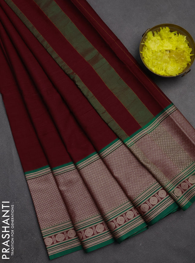 Narayanpet cotton saree maroon and green with plain body and long thread woven border