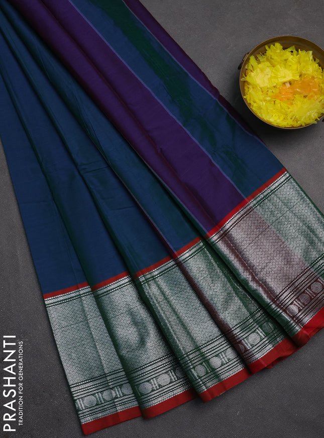 Narayanpet cotton saree dual shade of bluish green and rust shade with plain body and long silver zari woven border