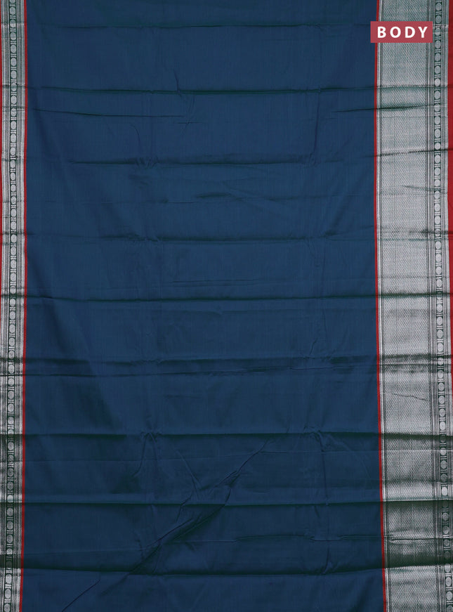 Narayanpet cotton saree dual shade of bluish green and rust shade with plain body and long silver zari woven border