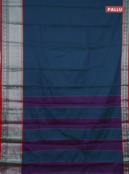 Narayanpet cotton saree dual shade of bluish green and rust shade with plain body and long silver zari woven border