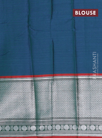 Narayanpet cotton saree dual shade of bluish green and rust shade with plain body and long silver zari woven border