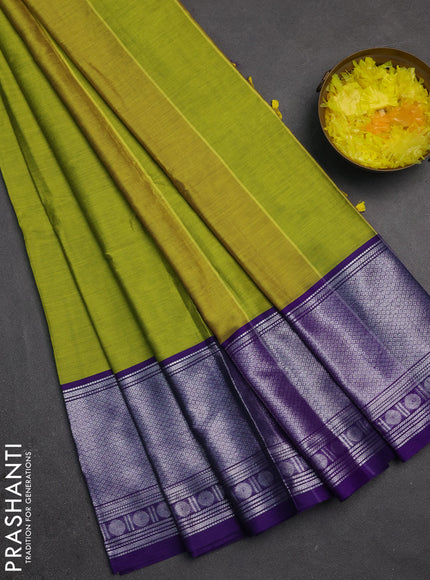 Narayanpet cotton saree lime green and violet with plain body and long silver zari woven border