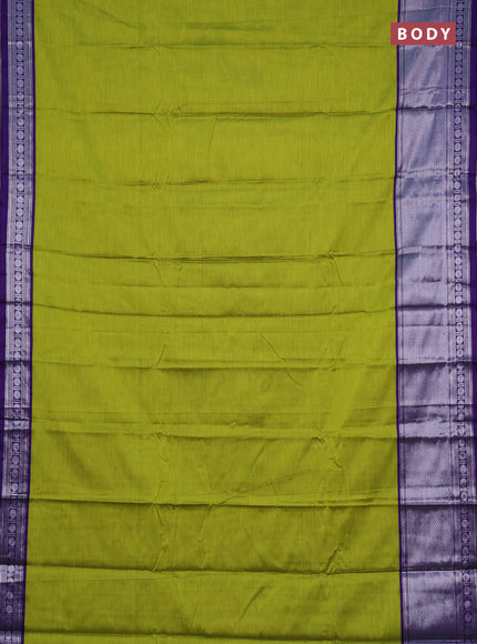 Narayanpet cotton saree lime green and violet with plain body and long silver zari woven border