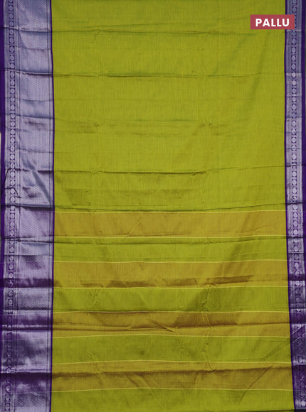 Narayanpet cotton saree lime green and violet with plain body and long silver zari woven border