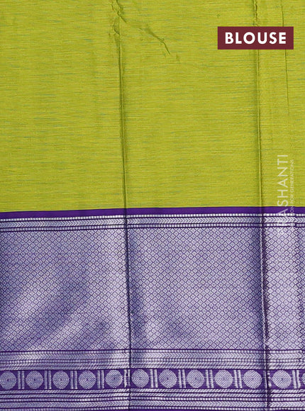 Narayanpet cotton saree lime green and violet with plain body and long silver zari woven border