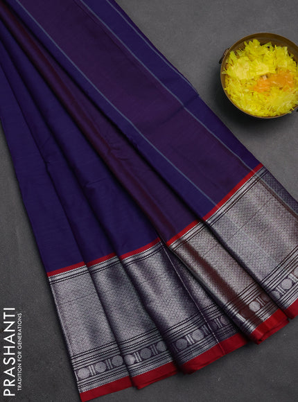 Narayanpet cotton saree blue and maroon with plain body and silver zari woven border