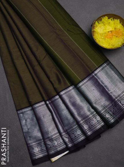 Narayanpet cotton saree olive green and deep violet with plain body and silver zari woven border