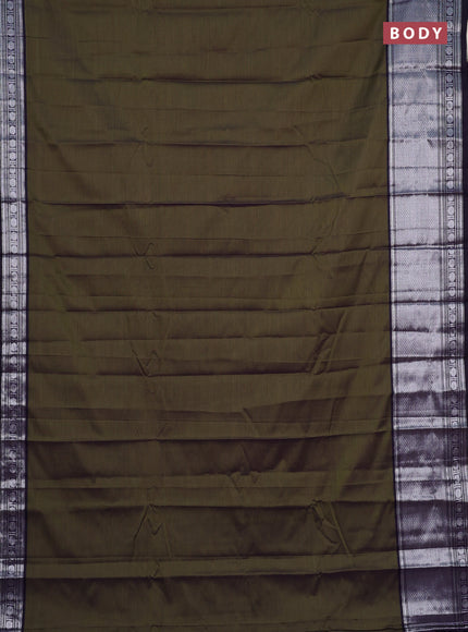Narayanpet cotton saree olive green and deep violet with plain body and silver zari woven border