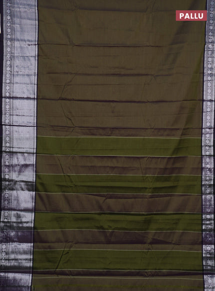 Narayanpet cotton saree olive green and deep violet with plain body and silver zari woven border