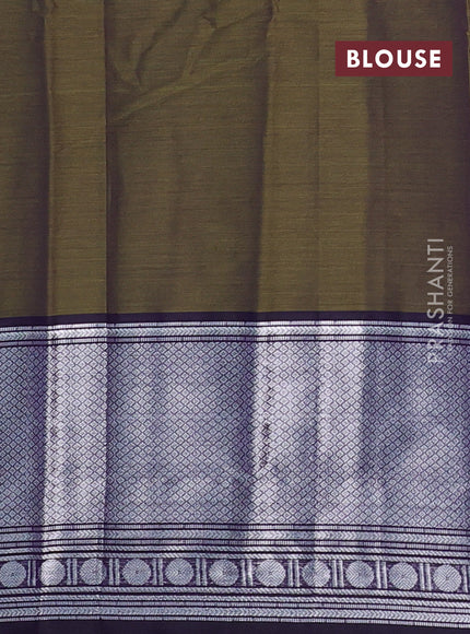 Narayanpet cotton saree olive green and deep violet with plain body and silver zari woven border