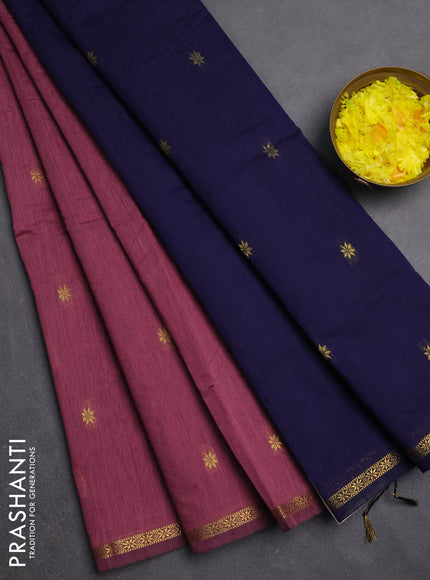 Semi maheswari cotton saree dark onion pink and navy blue with zari woven buttas and small zari woven border