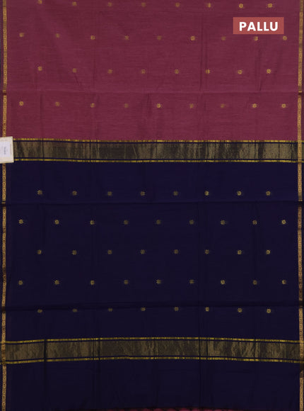 Semi maheswari cotton saree dark onion pink and navy blue with zari woven buttas and small zari woven border