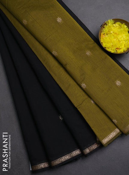 Semi maheswari cotton saree black and mehendi green with zari woven buttas and small zari woven border