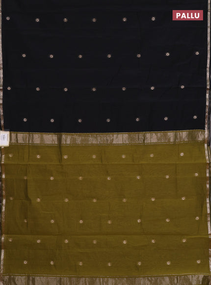 Semi maheswari cotton saree black and mehendi green with zari woven buttas and small zari woven border