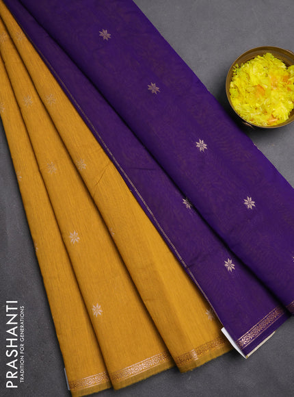 Semi maheswari cotton saree mustard yellow and violet with zari woven buttas and small zari woven border