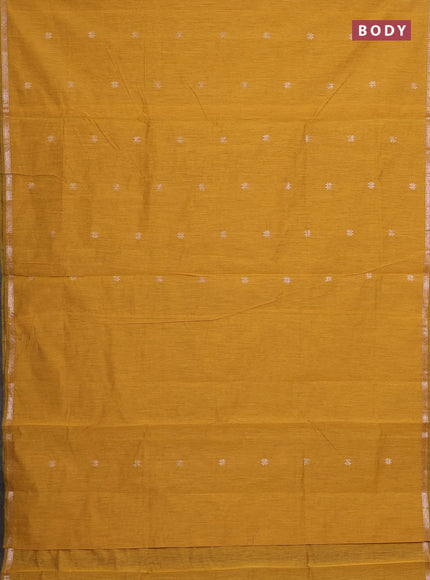Semi maheswari cotton saree mustard yellow and violet with zari woven buttas and small zari woven border