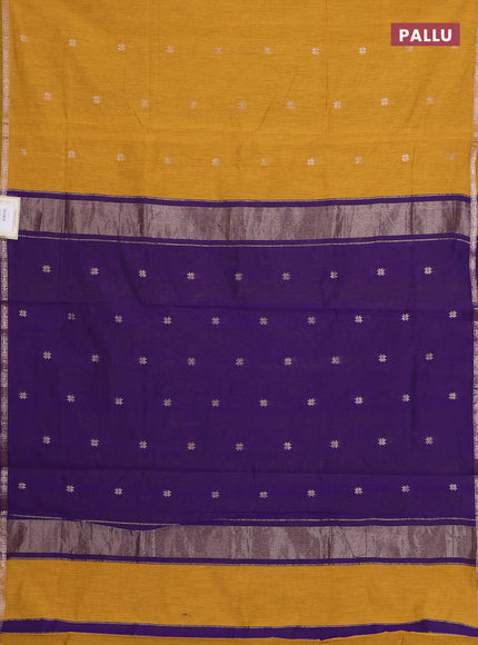 Semi maheswari cotton saree mustard yellow and violet with zari woven buttas and small zari woven border