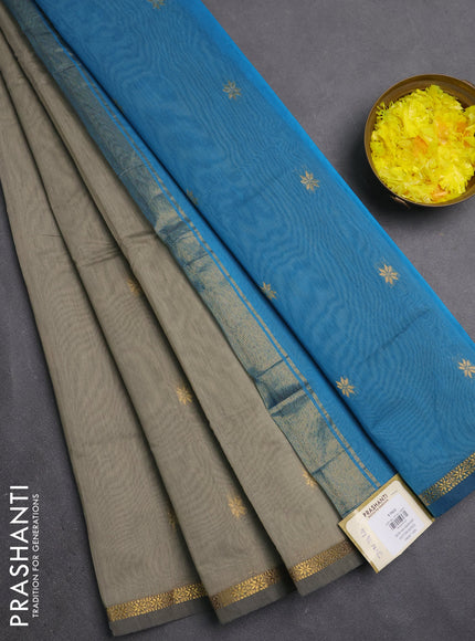 Semi maheswari cotton saree pastel grey and cs blue with zari woven buttas and small zari woven border