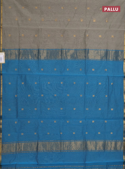 Semi maheswari cotton saree pastel grey and cs blue with zari woven buttas and small zari woven border