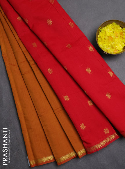 Semi maheswari cotton saree dark mustard and red with zari woven buttas and small zari woven border