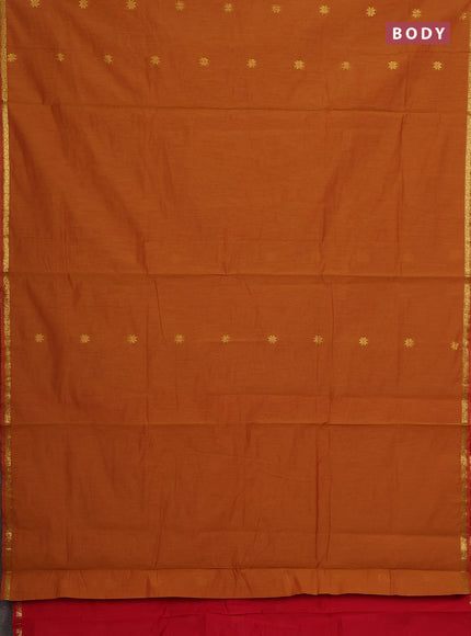Semi maheswari cotton saree dark mustard and red with zari woven buttas and small zari woven border
