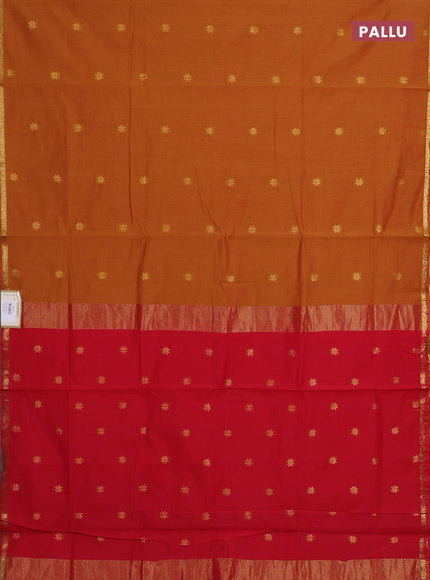 Semi maheswari cotton saree dark mustard and red with zari woven buttas and small zari woven border
