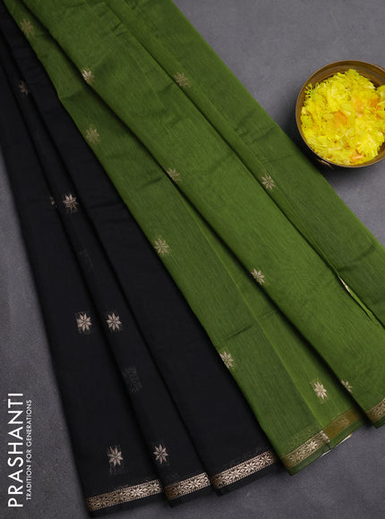 Semi maheswari cotton saree black and green shade with zari woven buttas and small zari woven border