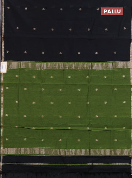 Semi maheswari cotton saree black and green shade with zari woven buttas and small zari woven border