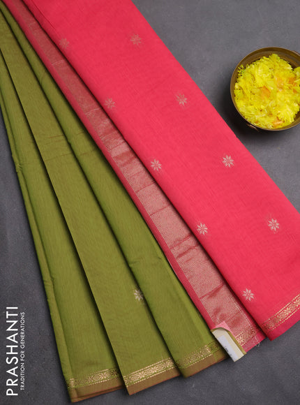 Semi maheswari cotton saree light green and pink with zari woven buttas and small zari woven border