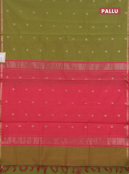Semi maheswari cotton saree light green and pink with zari woven buttas and small zari woven border