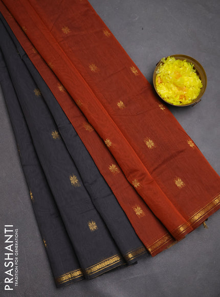 Semi maheswari cotton saree elephant grey and rust with zari woven buttas and small zari woven border