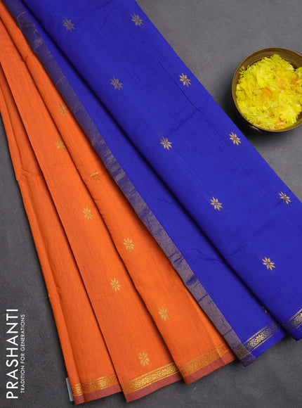 Semi maheswari cotton saree orange and blue with zari woven buttas and small zari woven border