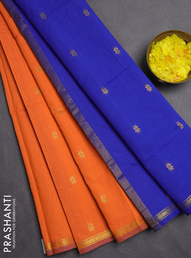 Semi maheswari cotton saree orange and blue with zari woven buttas and small zari woven border