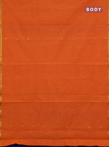 Semi maheswari cotton saree orange and blue with zari woven buttas and small zari woven border