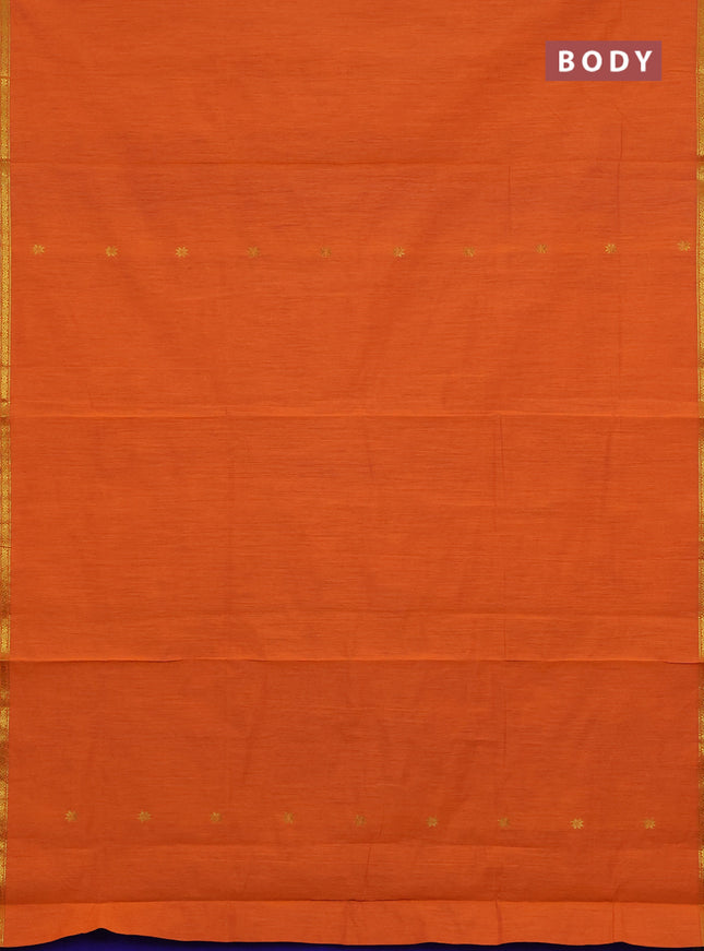 Semi maheswari cotton saree orange and blue with zari woven buttas and small zari woven border