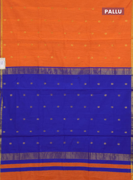 Semi maheswari cotton saree orange and blue with zari woven buttas and small zari woven border