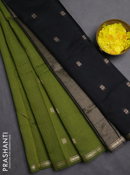 Semi maheswari cotton saree green shade and black with zari woven buttas and small zari woven border