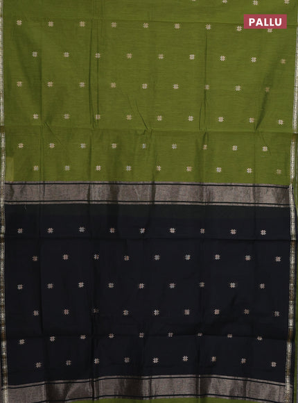 Semi maheswari cotton saree green shade and black with zari woven buttas and small zari woven border