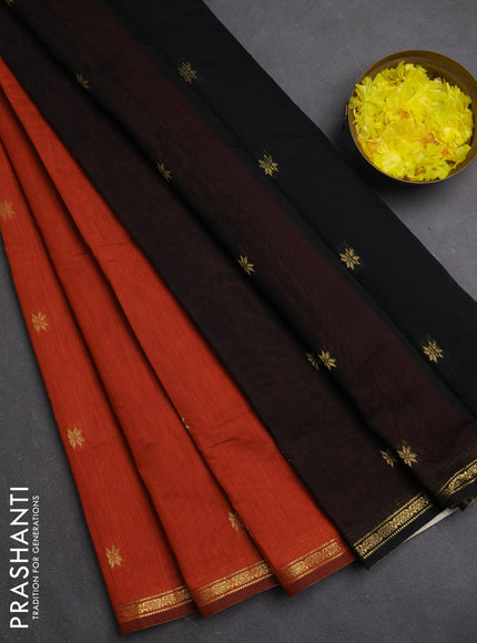 Semi maheswari cotton saree rust shade and black with zari woven buttas and small zari woven border