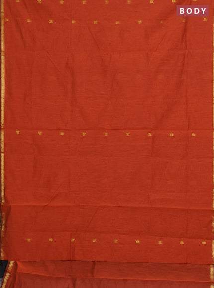 Semi maheswari cotton saree rust shade and black with zari woven buttas and small zari woven border