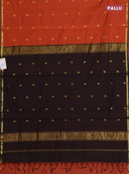 Semi maheswari cotton saree rust shade and black with zari woven buttas and small zari woven border