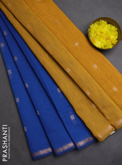 Semi maheswari cotton saree blue and mustard yellow with zari woven buttas and small zari woven border