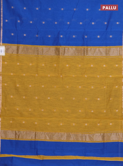 Semi maheswari cotton saree blue and mustard yellow with zari woven buttas and small zari woven border